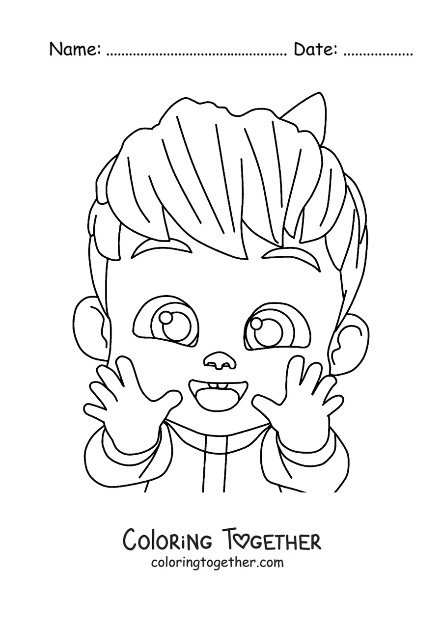 Coloring page of a cute Bebefinn with his little hands near his face