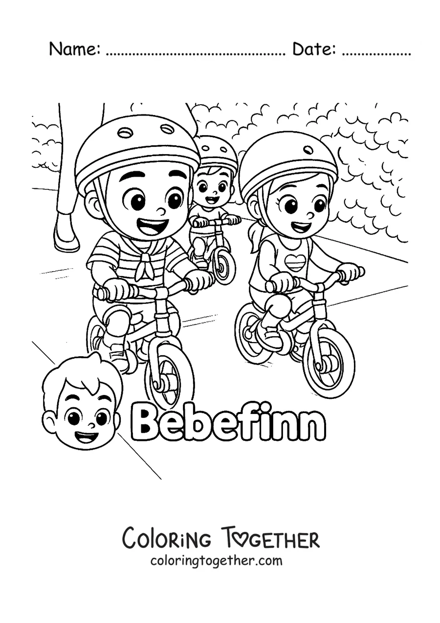 Coloring page of Bebefinn's family riding bikes