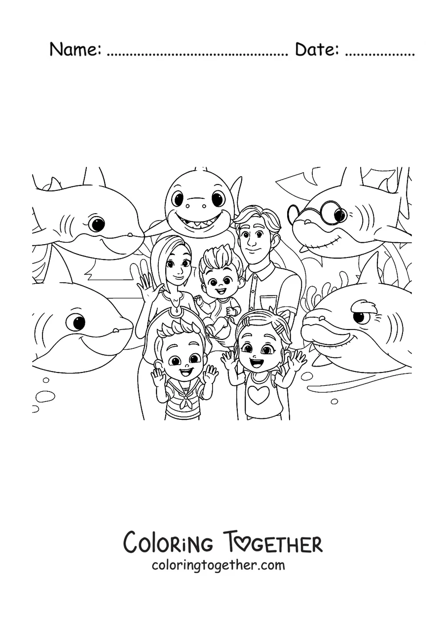 Coloring page of Bebefinn's family surrounded by the shark family
