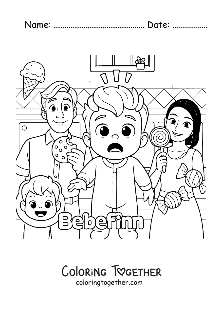 Coloring page of Bebefinn and his family with ice cream and treats