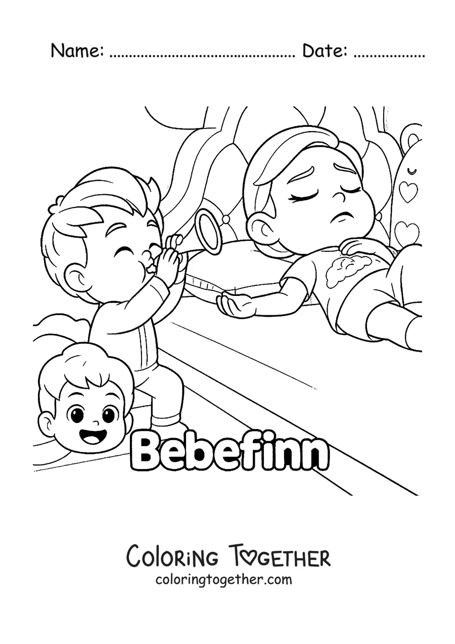 Coloring page of Bebefinn's siblings playing with a magnifying glass while Finn watches
