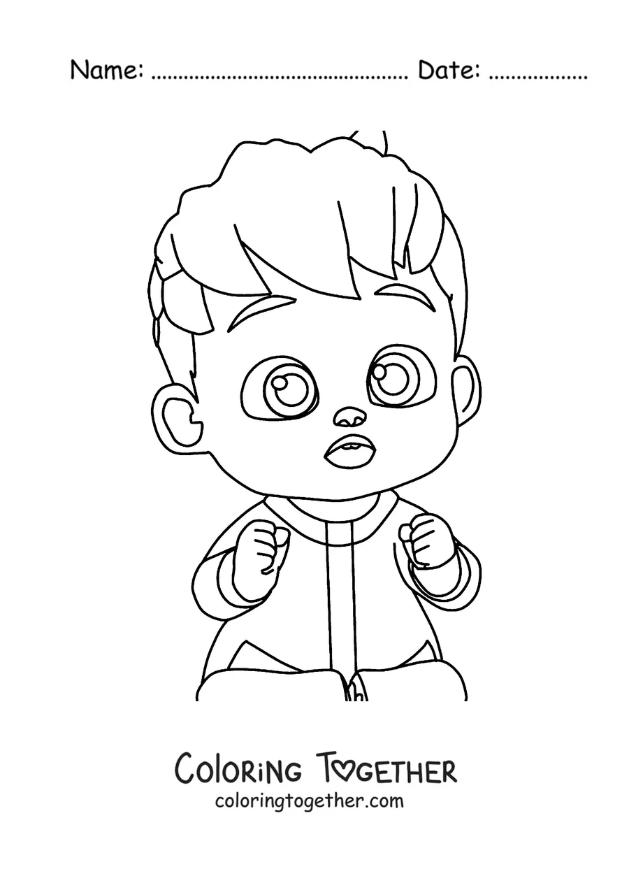 Coloring page of Bebefinn with a surprised face and tiny fists