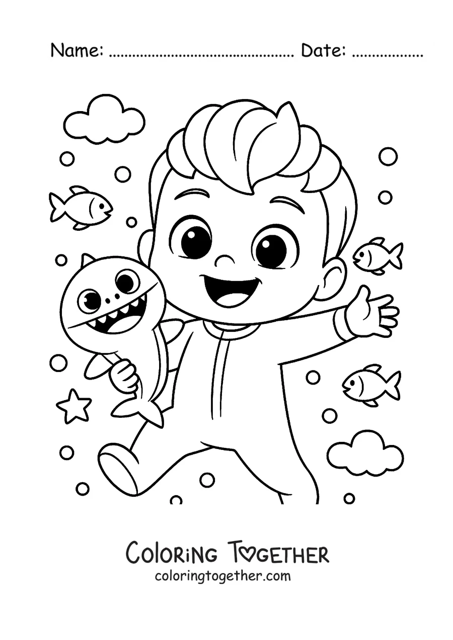 Coloring page of Bebefinn swimming among fish and a baby shark