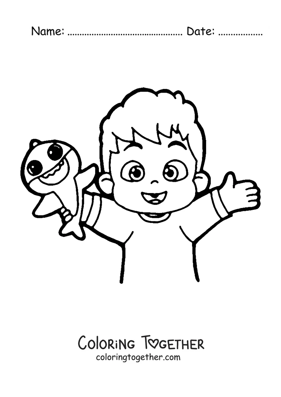 Coloring page of Bebefinn waving with a baby shark toy