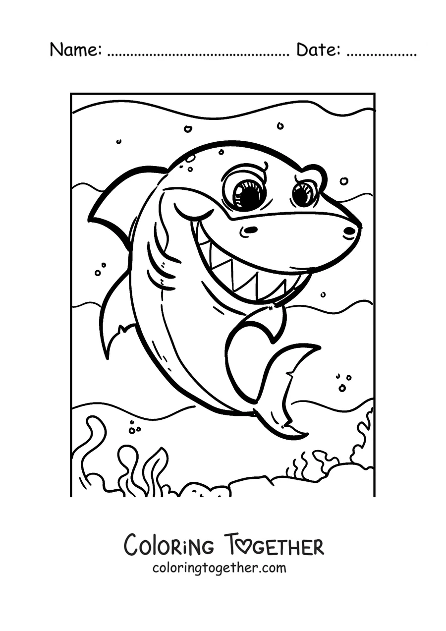 Coloring page of a big cheerful shark swimming