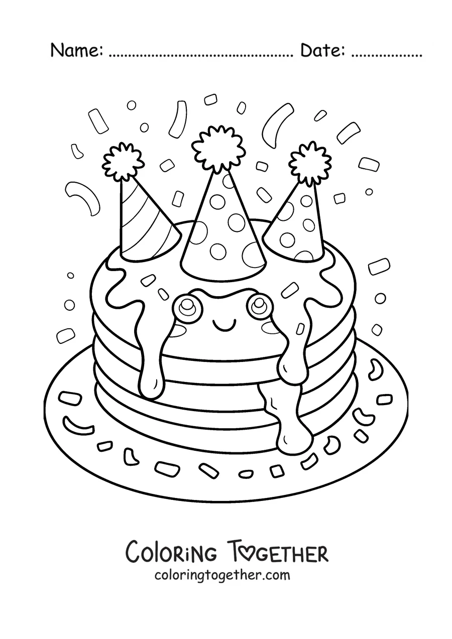 Coloring page of birthday pancakes with party hats and confetti