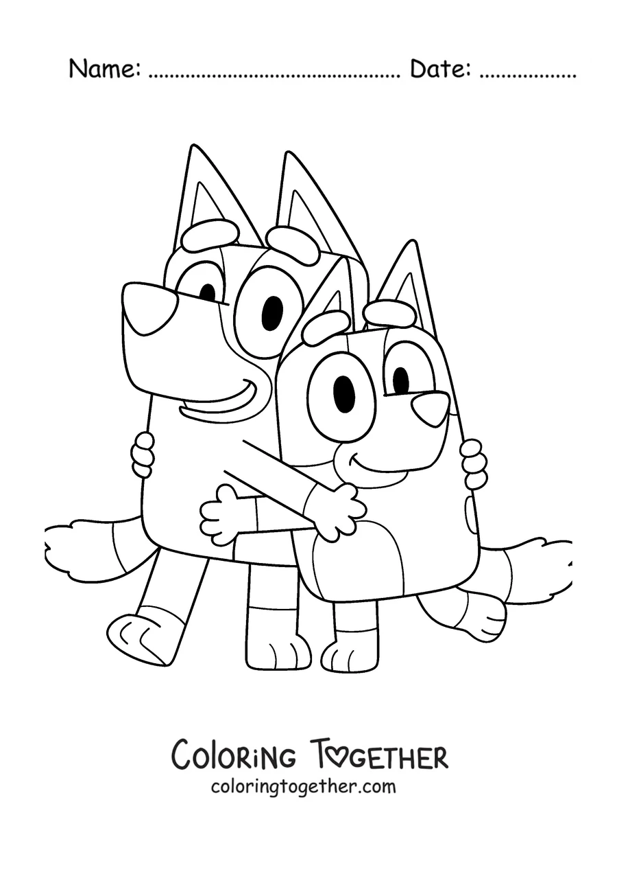 Coloring page of Bluey and Bingo hugging