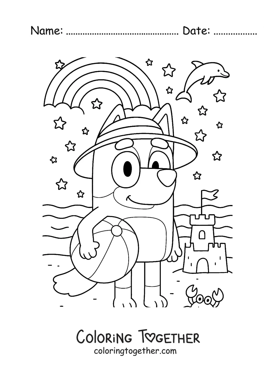 Coloring page of Bluey at the beach with a ball