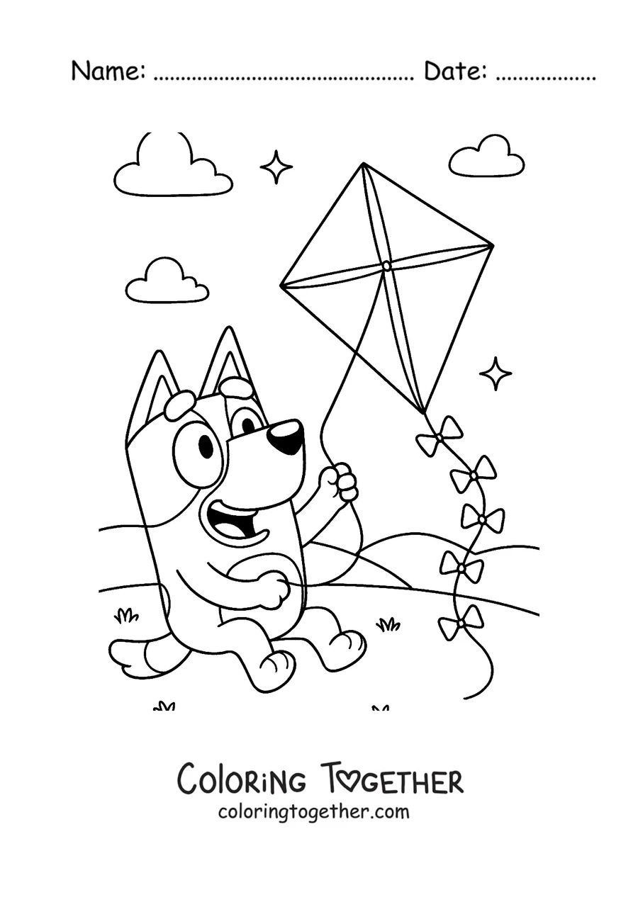 Coloring page of Bluey flying a kite