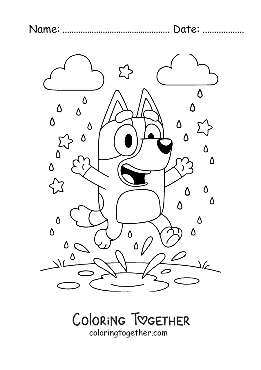 Coloring page of Bluey jumping in a puddle in the rain