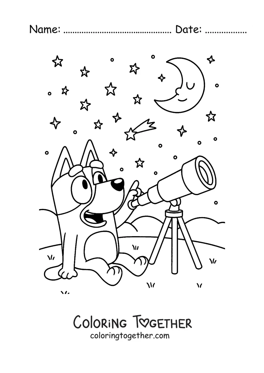 Coloring page of Bluey looking at the sky with a telescope