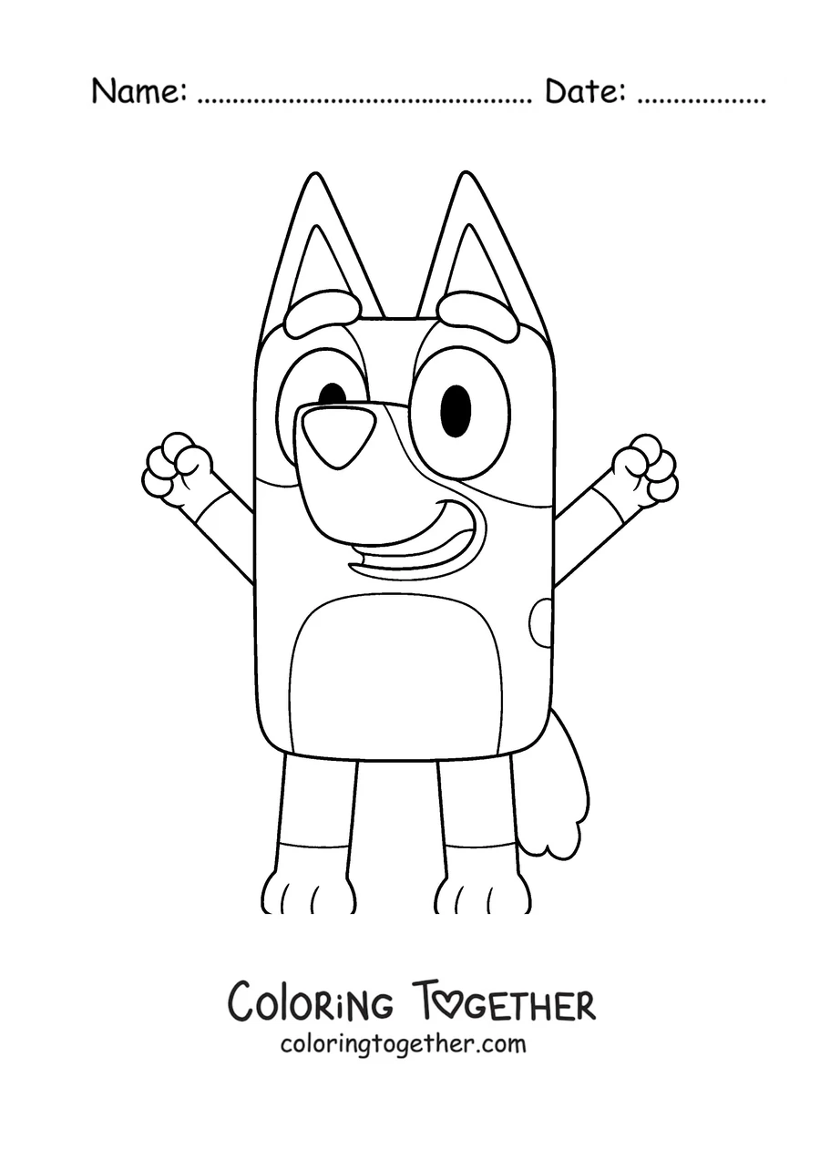 Coloring page of Bluey waving with her arms up