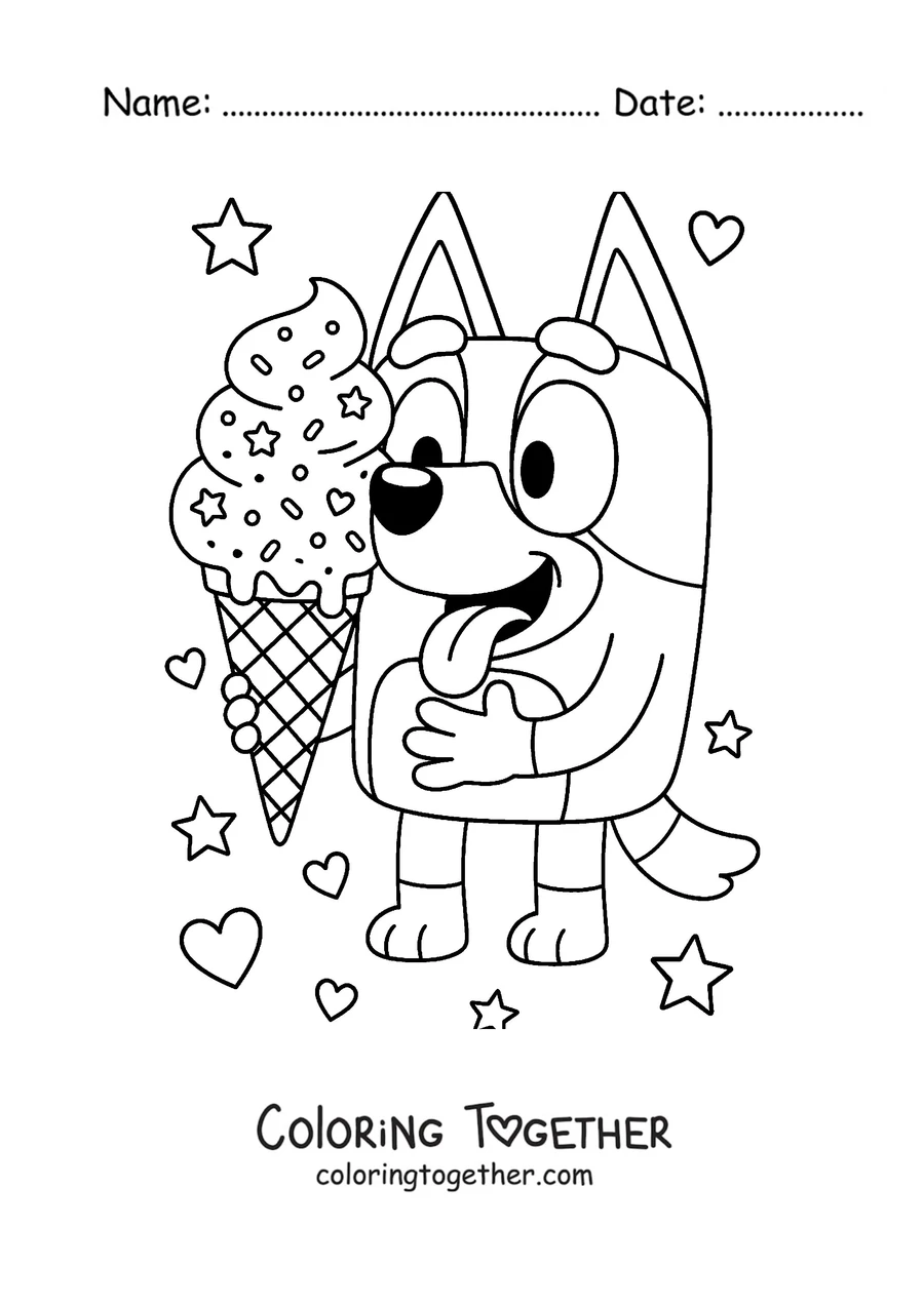Coloring page of Bluey enjoying an ice cream