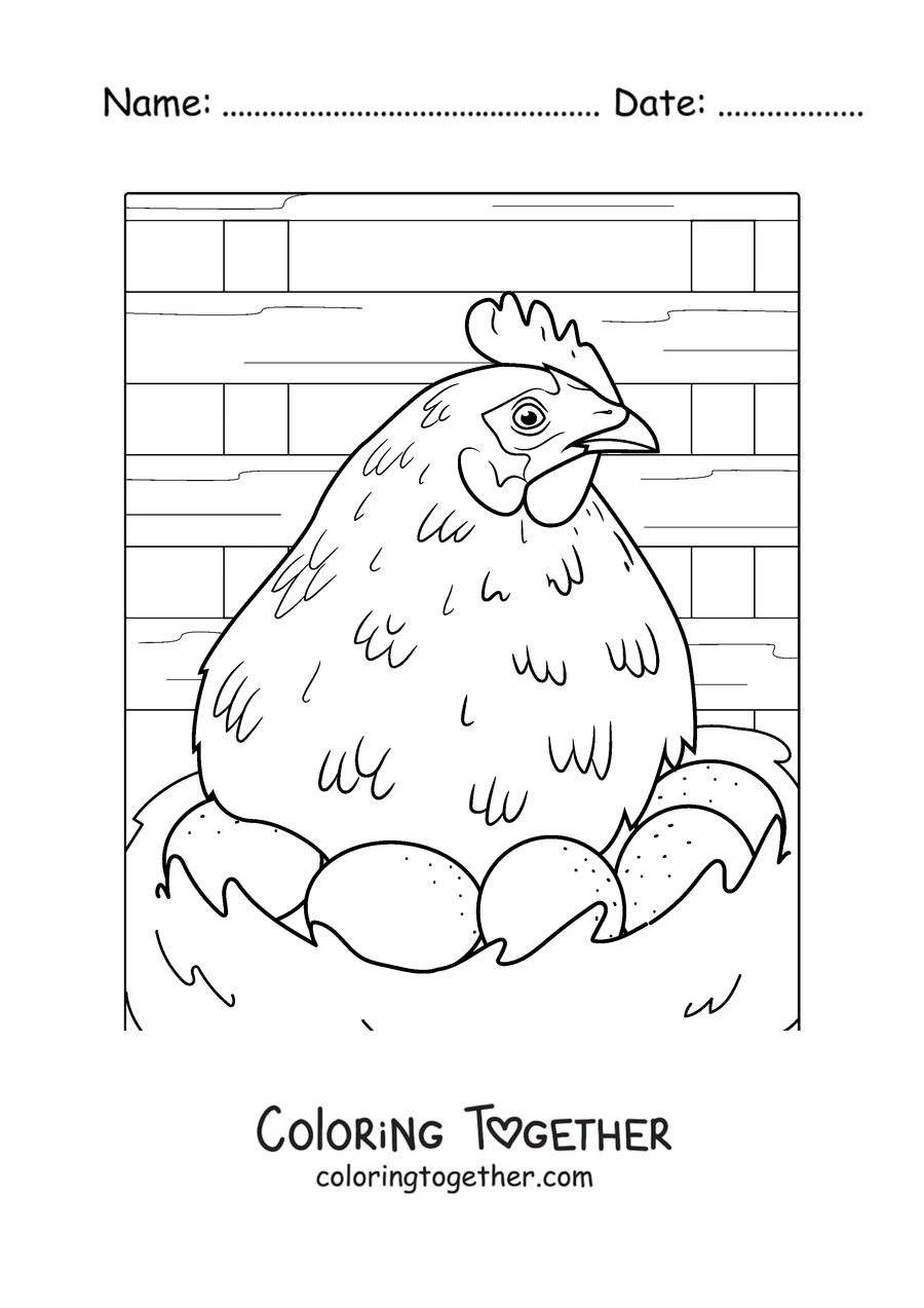 Coloring page of a hen brooding her eggs