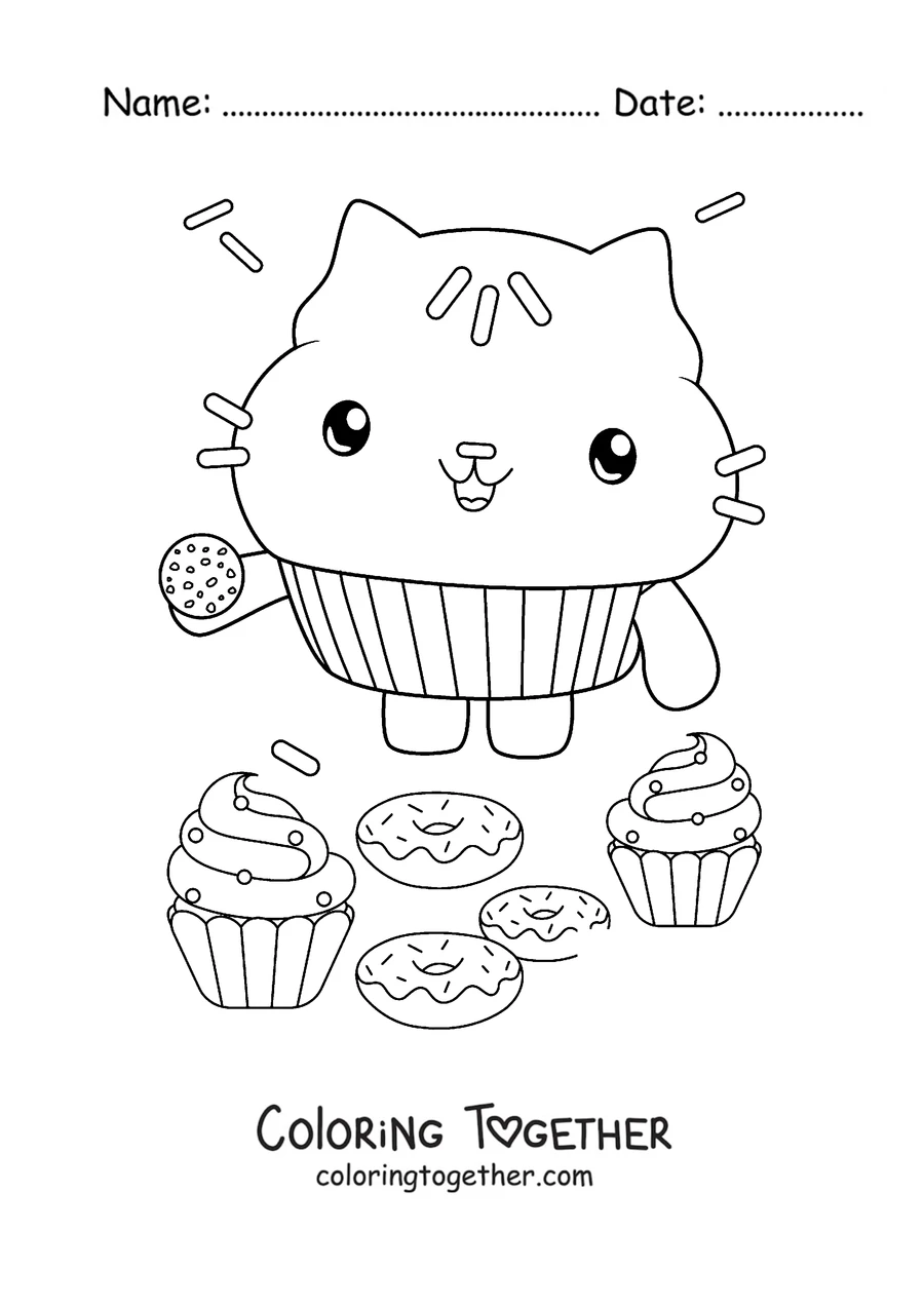 Coloring page of Cakey Cat with cupcakes and donuts