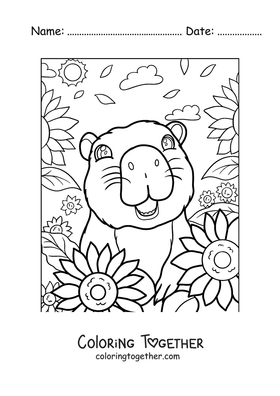 Coloring page of a capybara among sunflowers