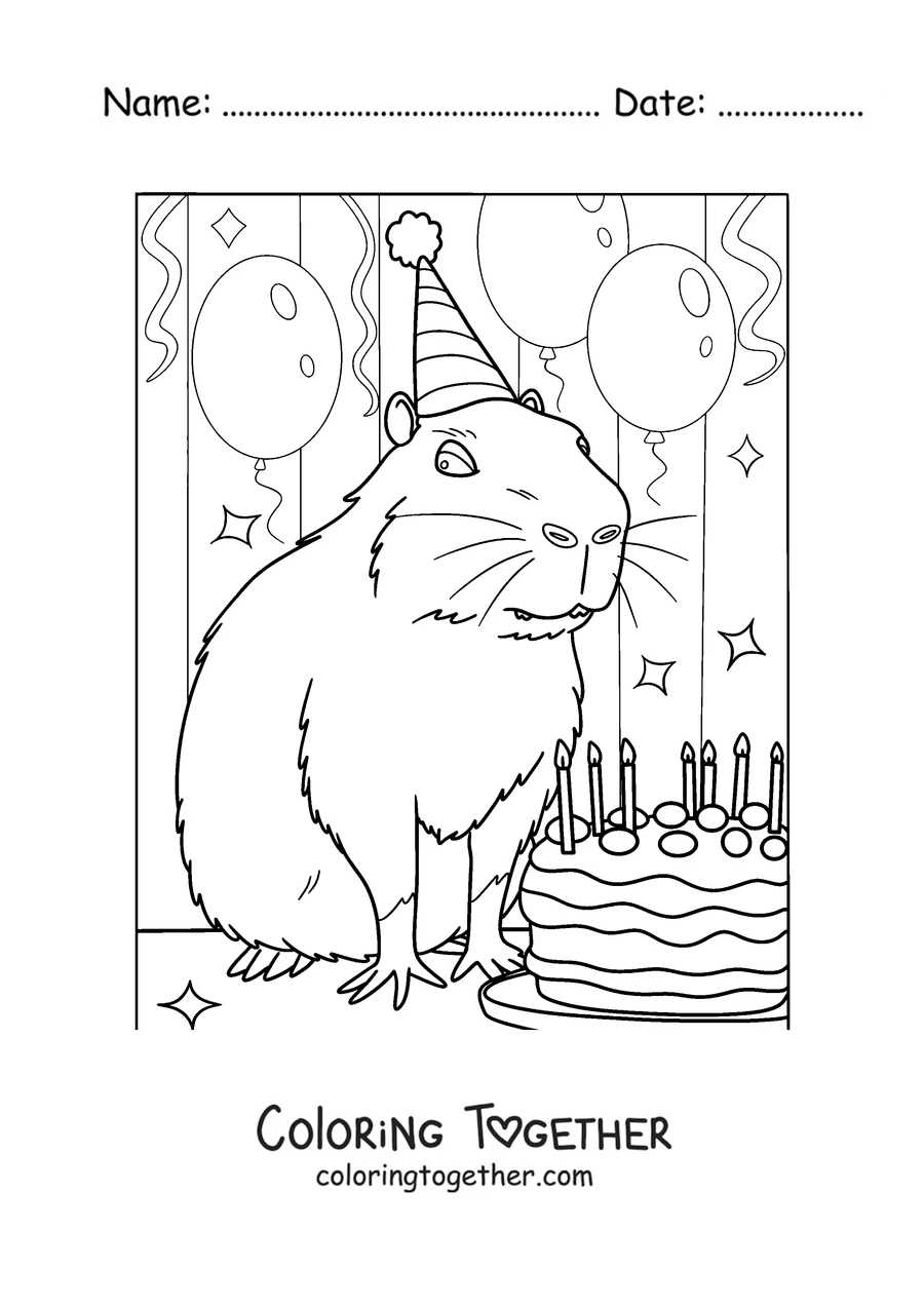Coloring page of a capybara blowing out its birthday cake candles