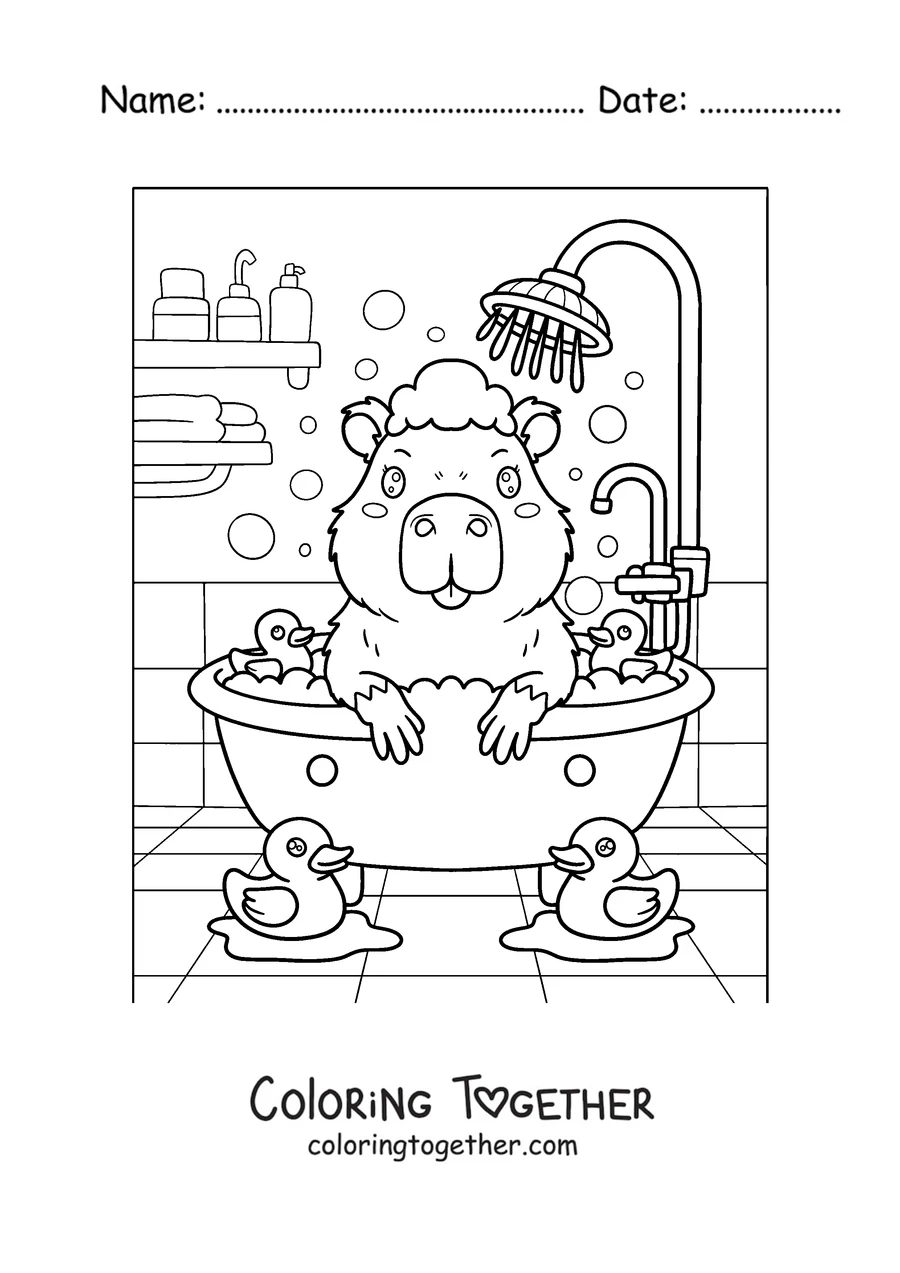 Coloring page of a capybara in a bubble bath with rubber duckies