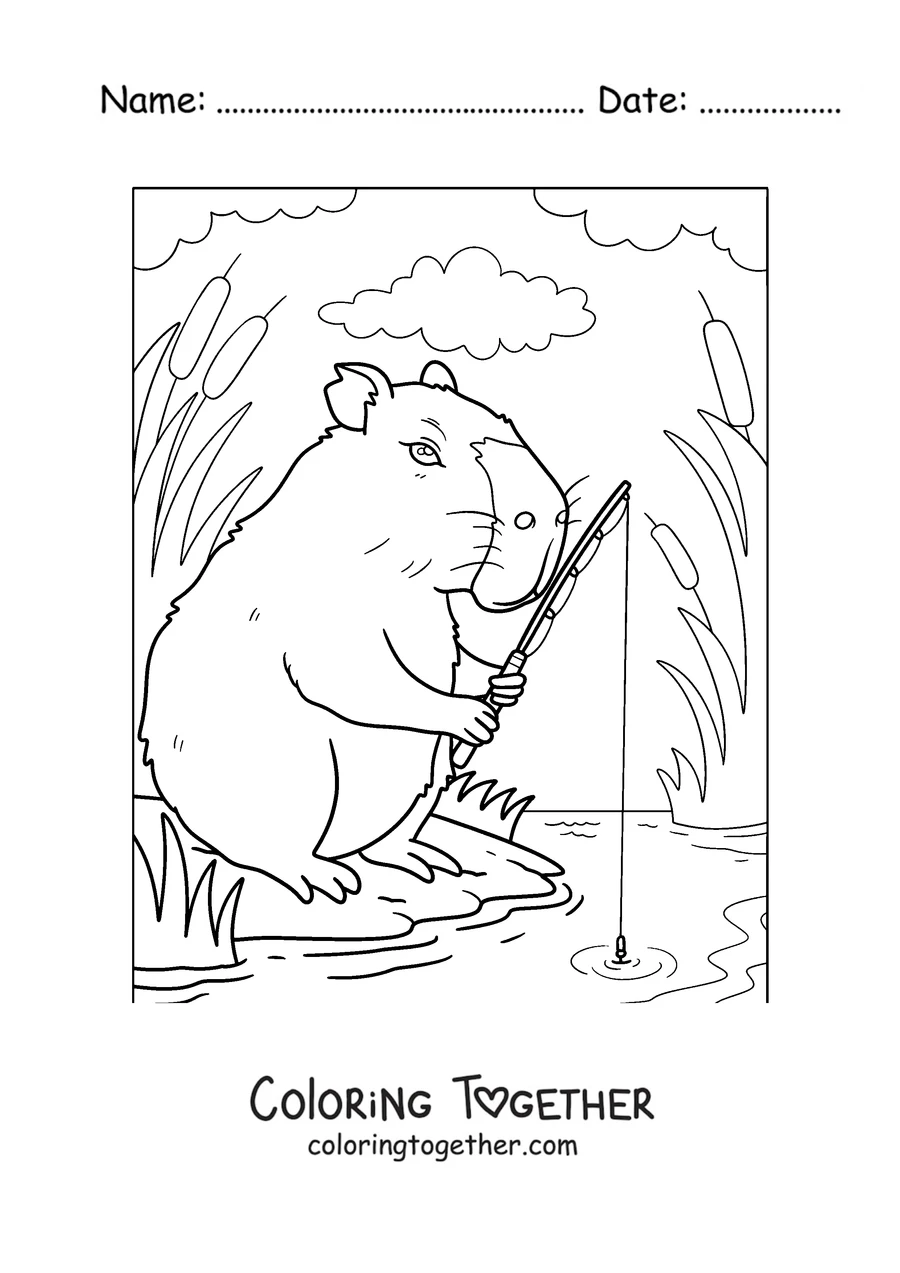 Coloring page of a capybara fishing by the river