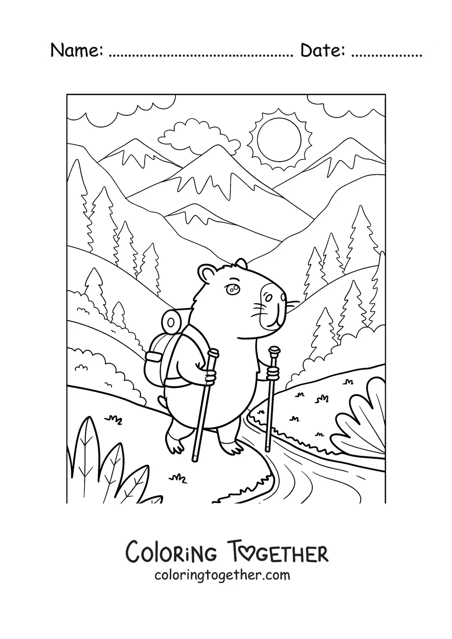 Coloring page of a capybara hiking with a backpack in the mountains