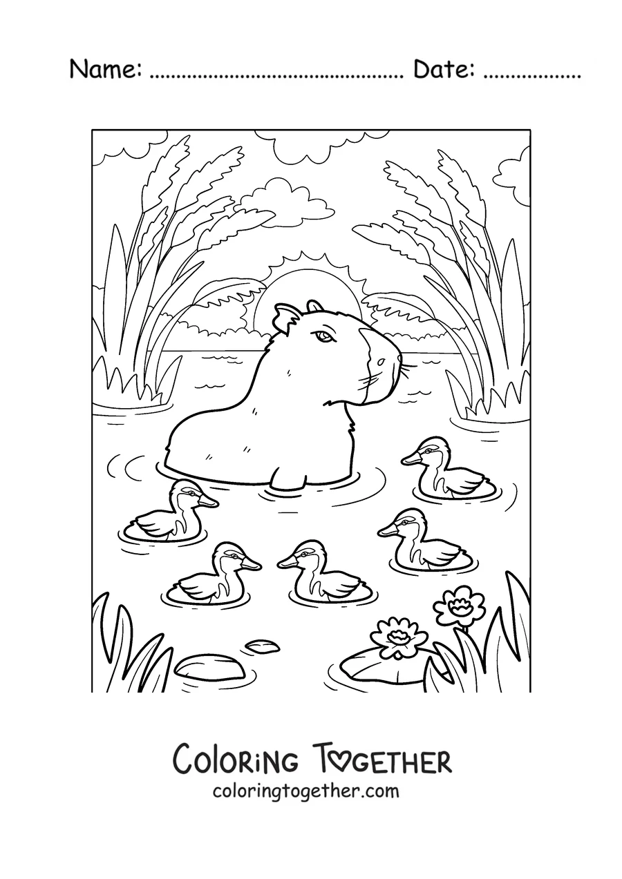 Coloring page of a capybara swimming with ducklings