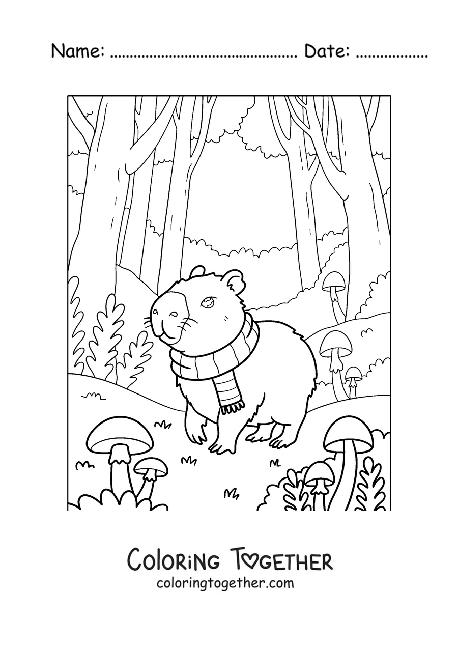 Coloring page of a capybara with a scarf walking through the autumn forest