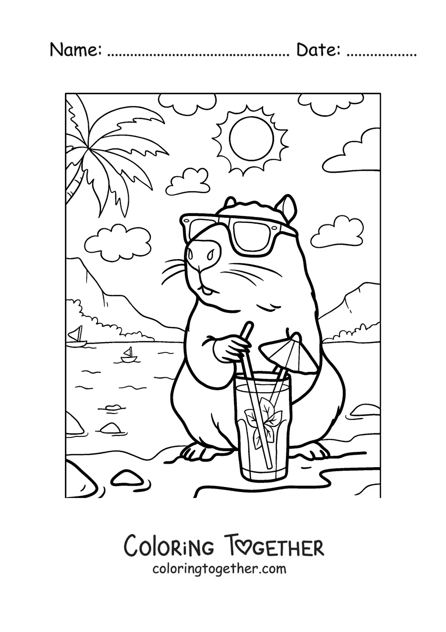 Coloring page of a capybara with sunglasses drinking lemonade