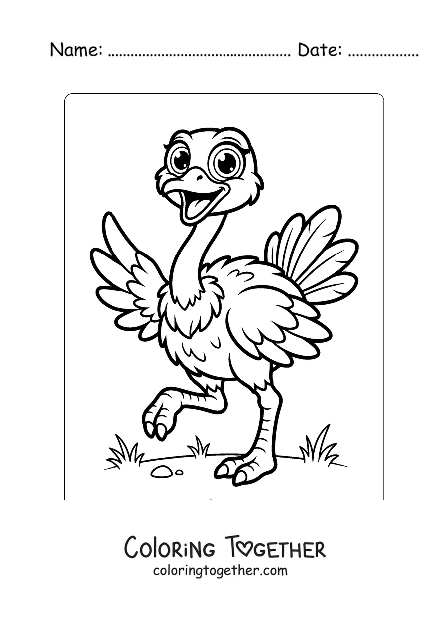 Coloring page of a cartoon ostrich with its wings open