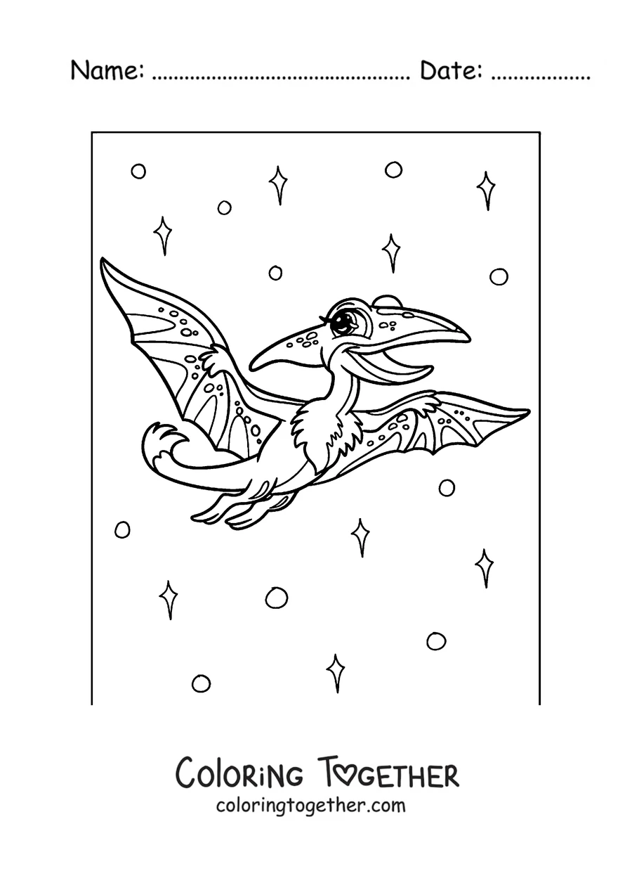 Coloring page of a cartoon pterodactyl flying among stars