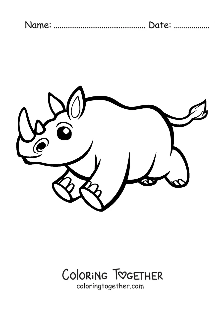 Coloring page of a cartoon rhino running