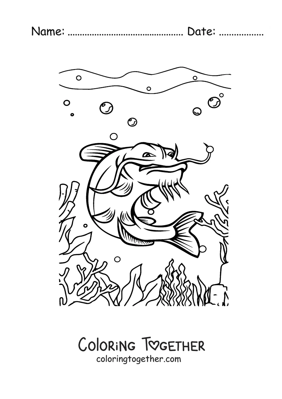 Coloring page of a catfish among coral on the sea floor