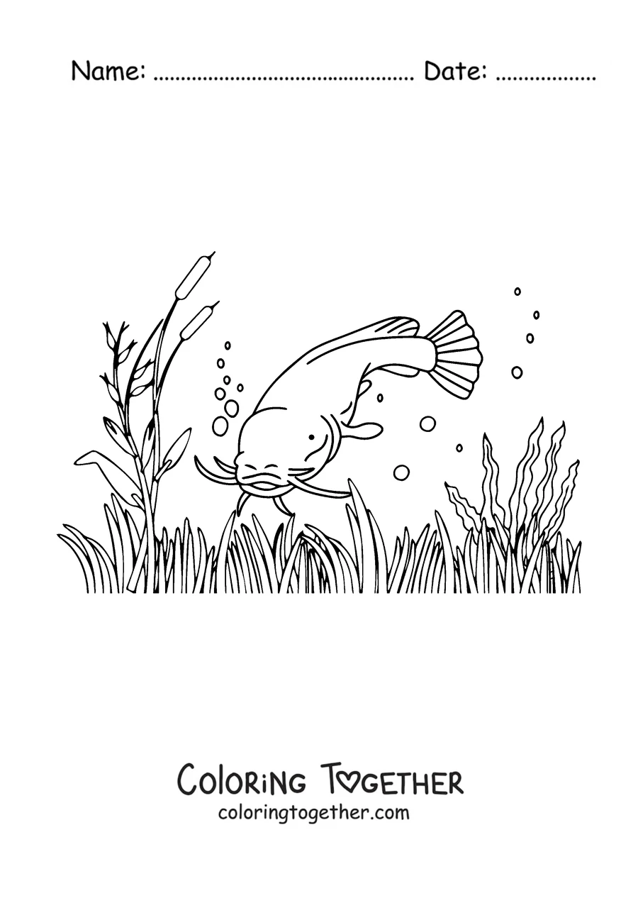 Coloring page of a catfish swimming among reeds