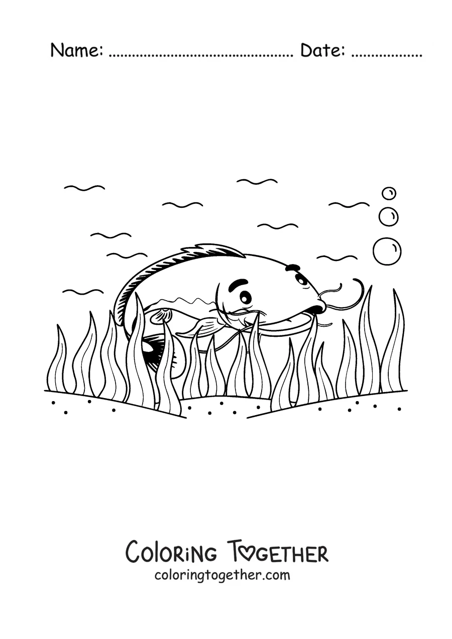 Coloring page of a catfish swimming among the weeds