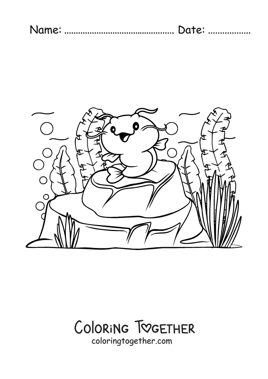 Coloring page of a baby catfish sitting on a rock
