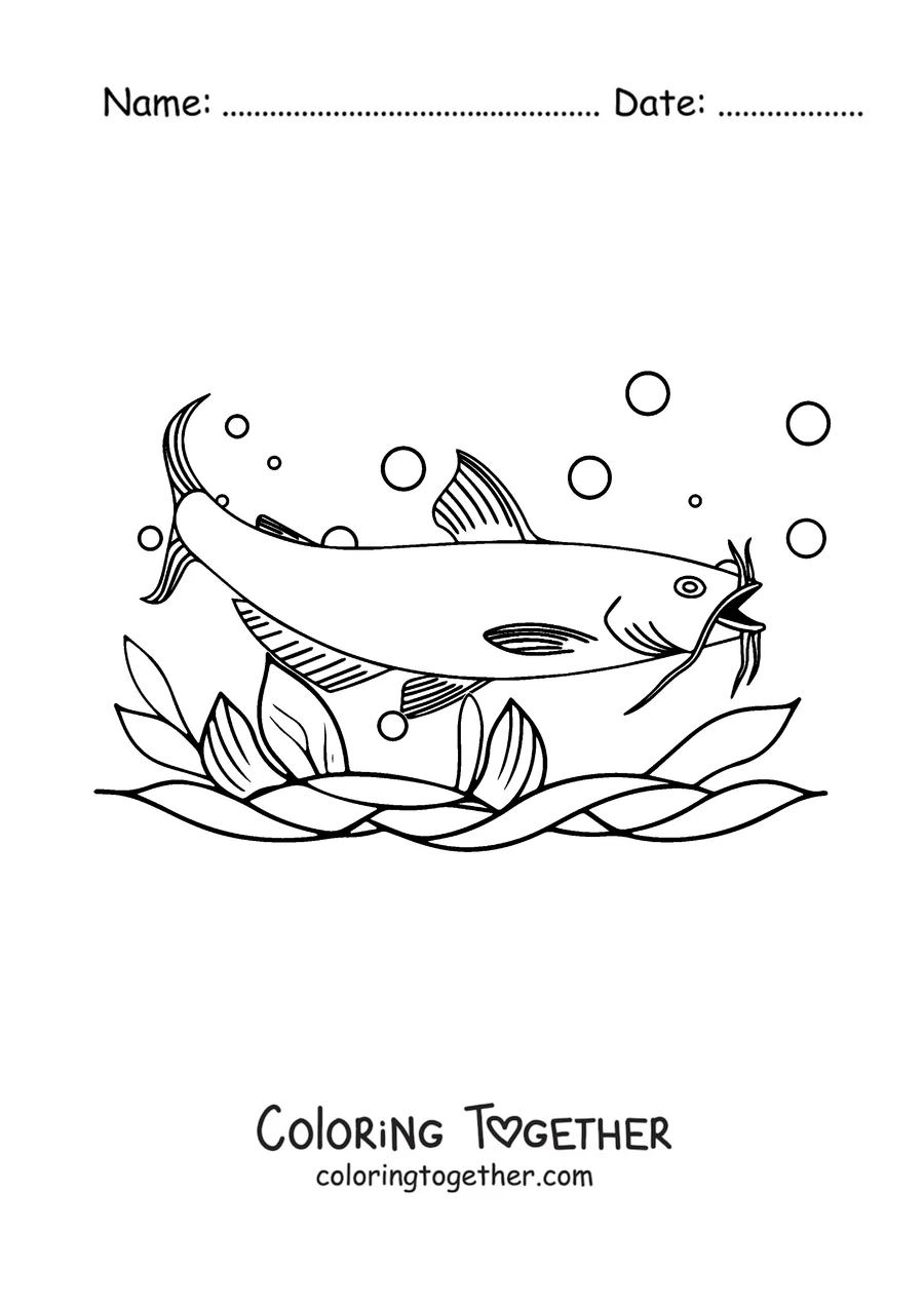 Coloring page of a big-finned catfish among bubbles