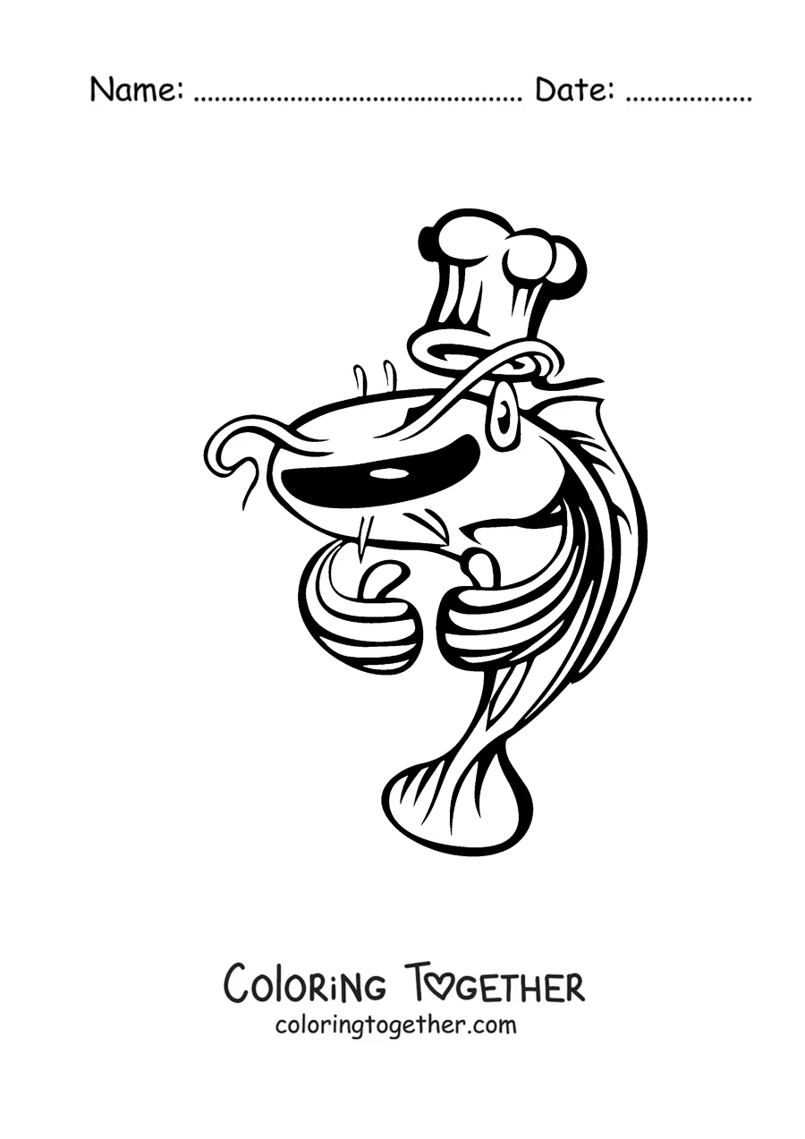 Coloring page of a chef catfish with a cook's hat