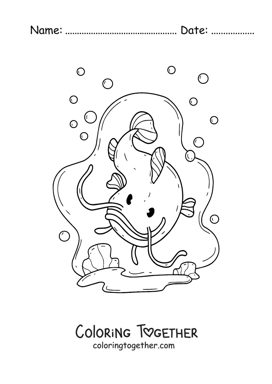 Coloring page of a cute catfish swimming among bubbles