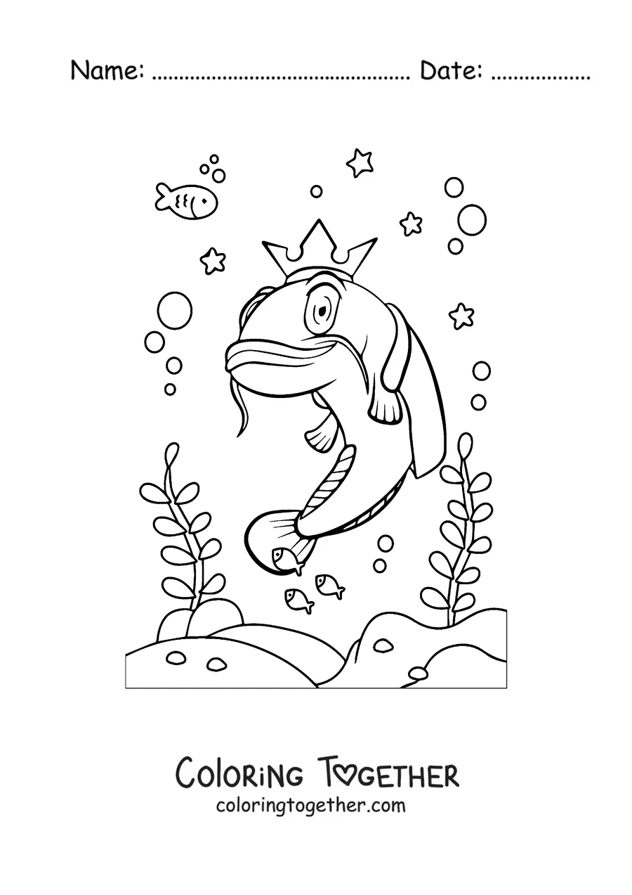 Coloring page of a king catfish with a crown