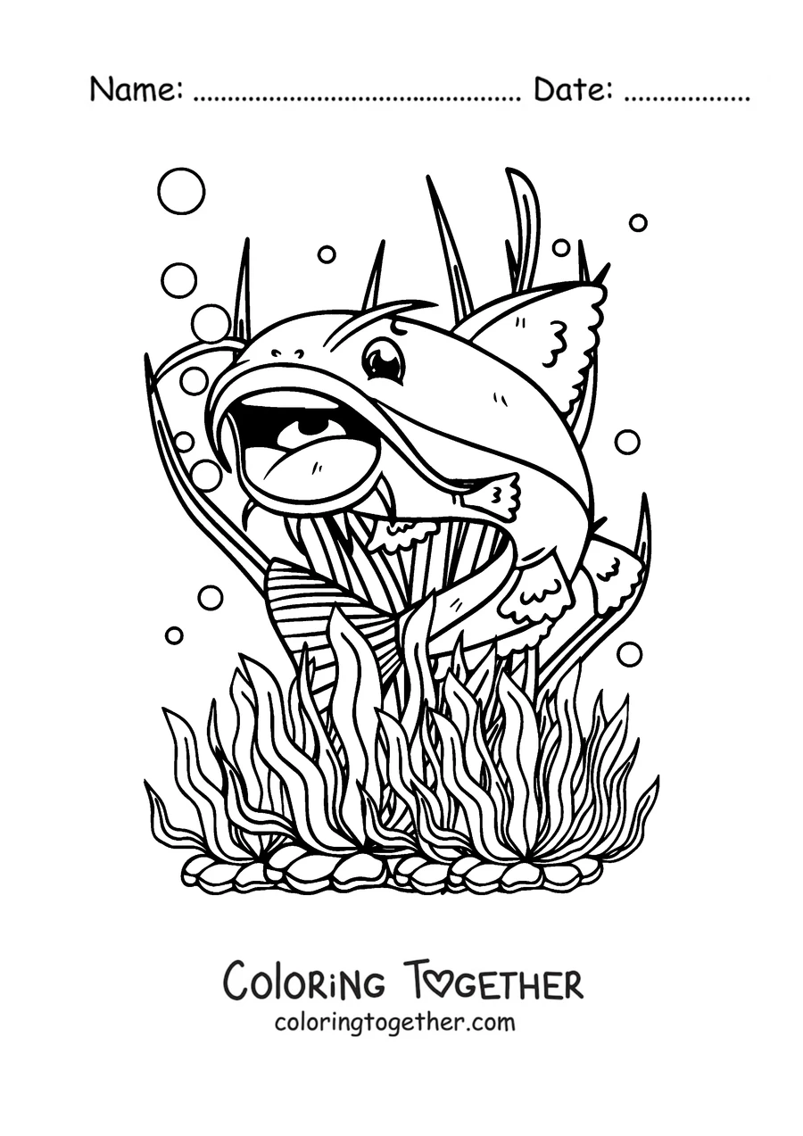 Coloring page of a catfish with its mouth wide open