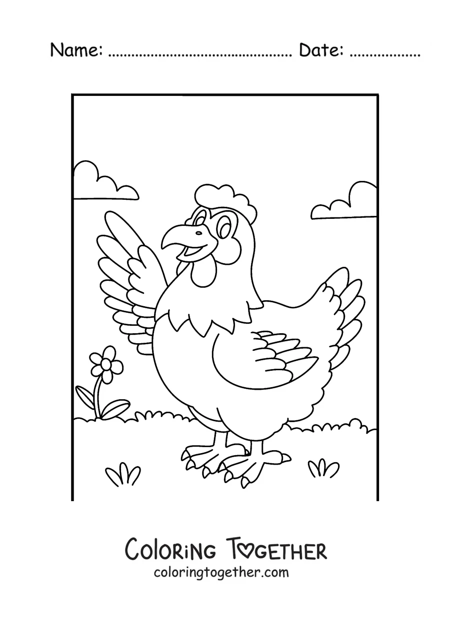 Coloring page of a cheerful cartoon hen waving its wing
