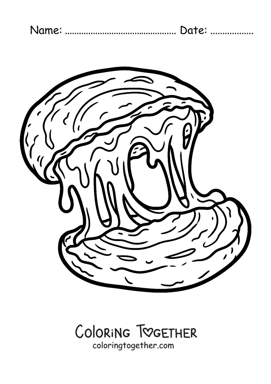 Coloring page of an arepa filled with melted cheese