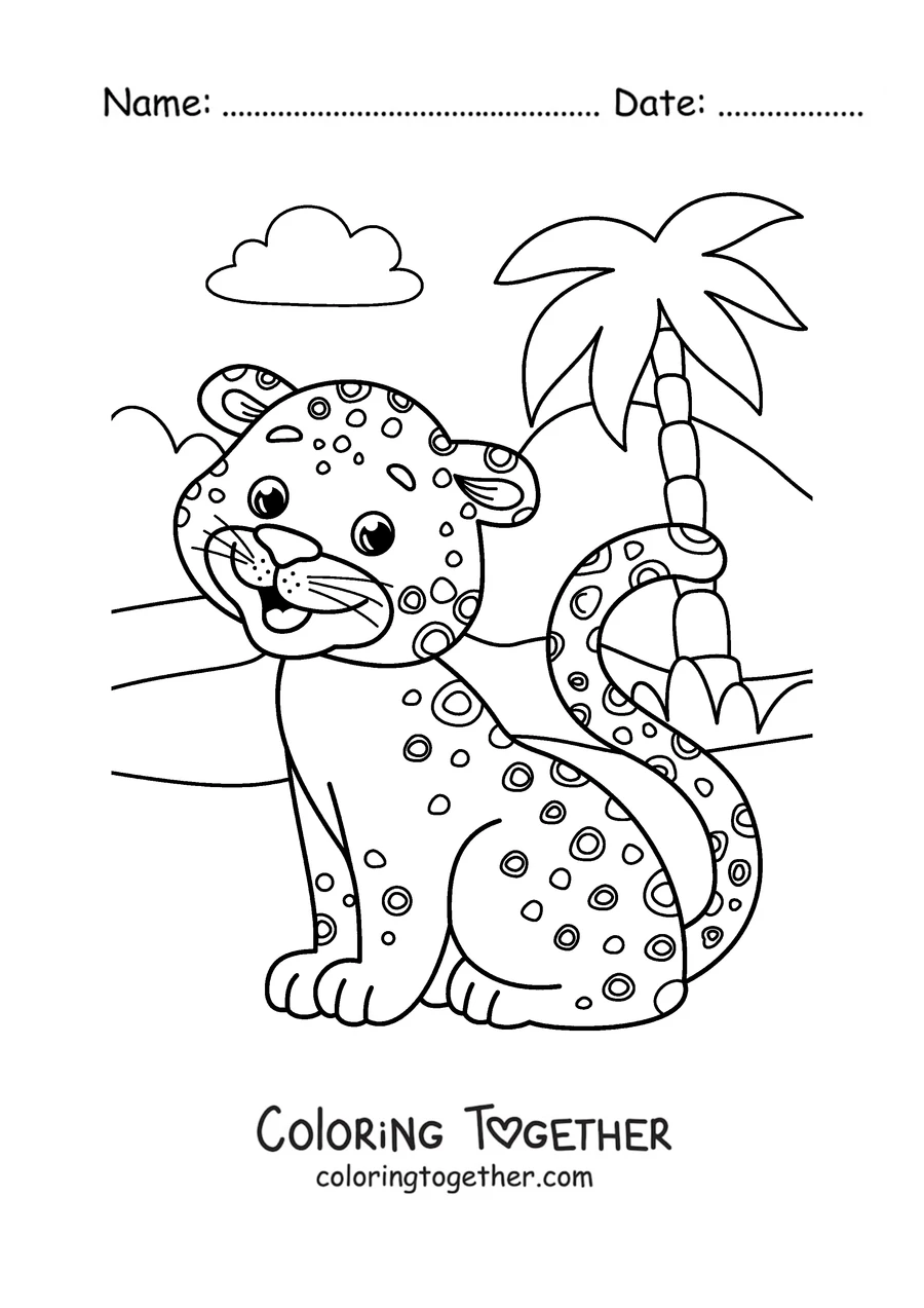 Coloring page of a cheetah cub next to a palm tree