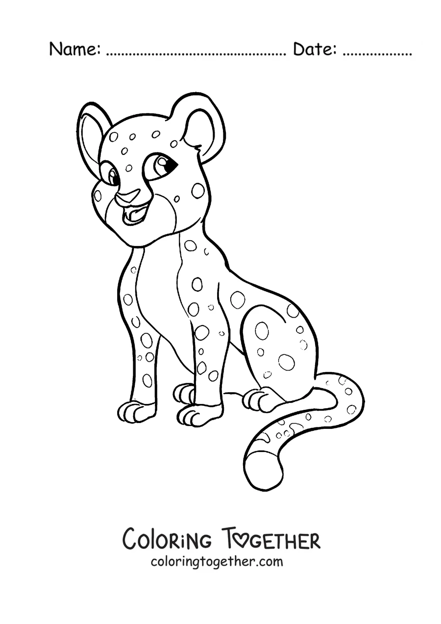 Coloring page of a cheetah cub sitting