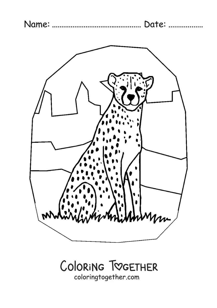 Coloring page of a cheetah sitting in the savanna