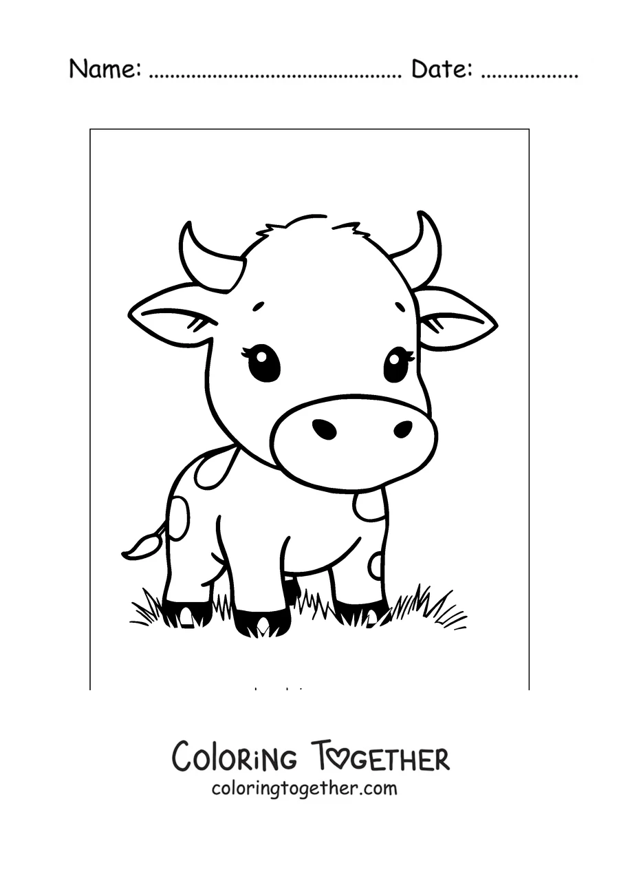 Coloring page of chibi cow sitting on the grass