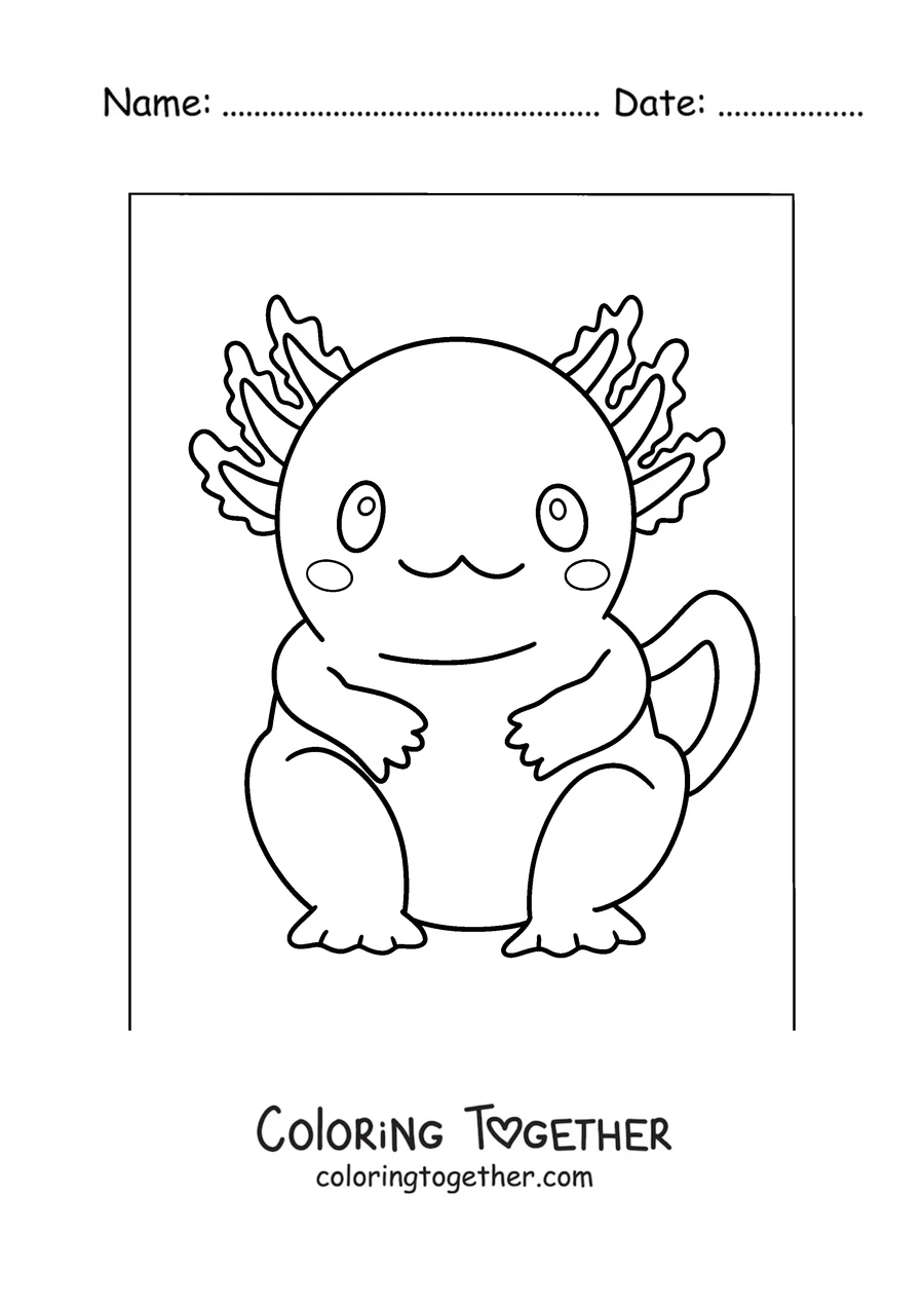 Coloring page of a chubby axolotl sitting and smiling
