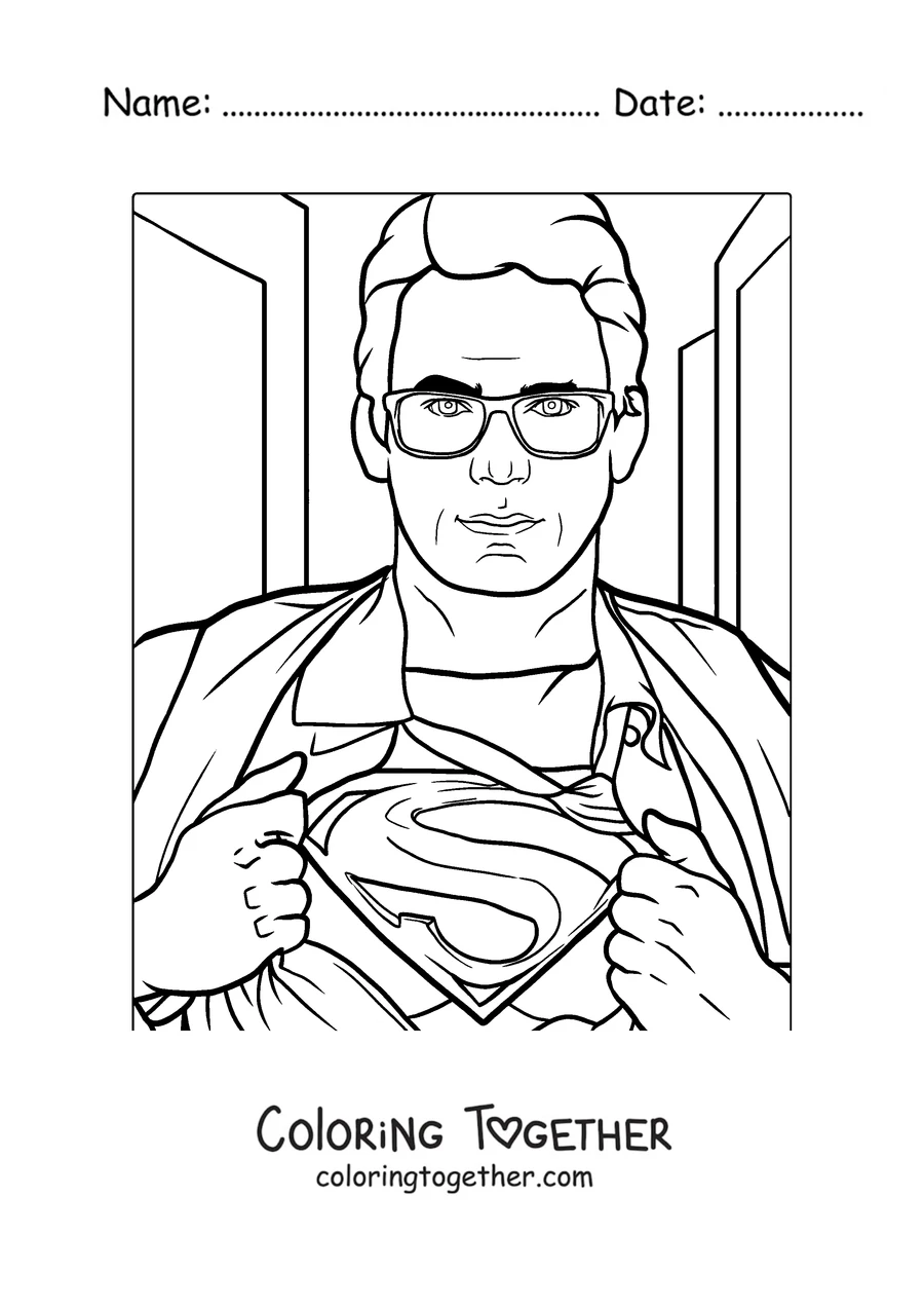 Coloring page of Clark Kent opening his shirt to reveal the Superman S