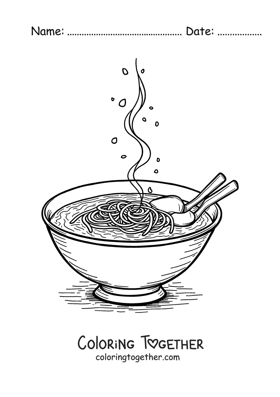 Coloring page of a classic bowl of ramen noodle soup