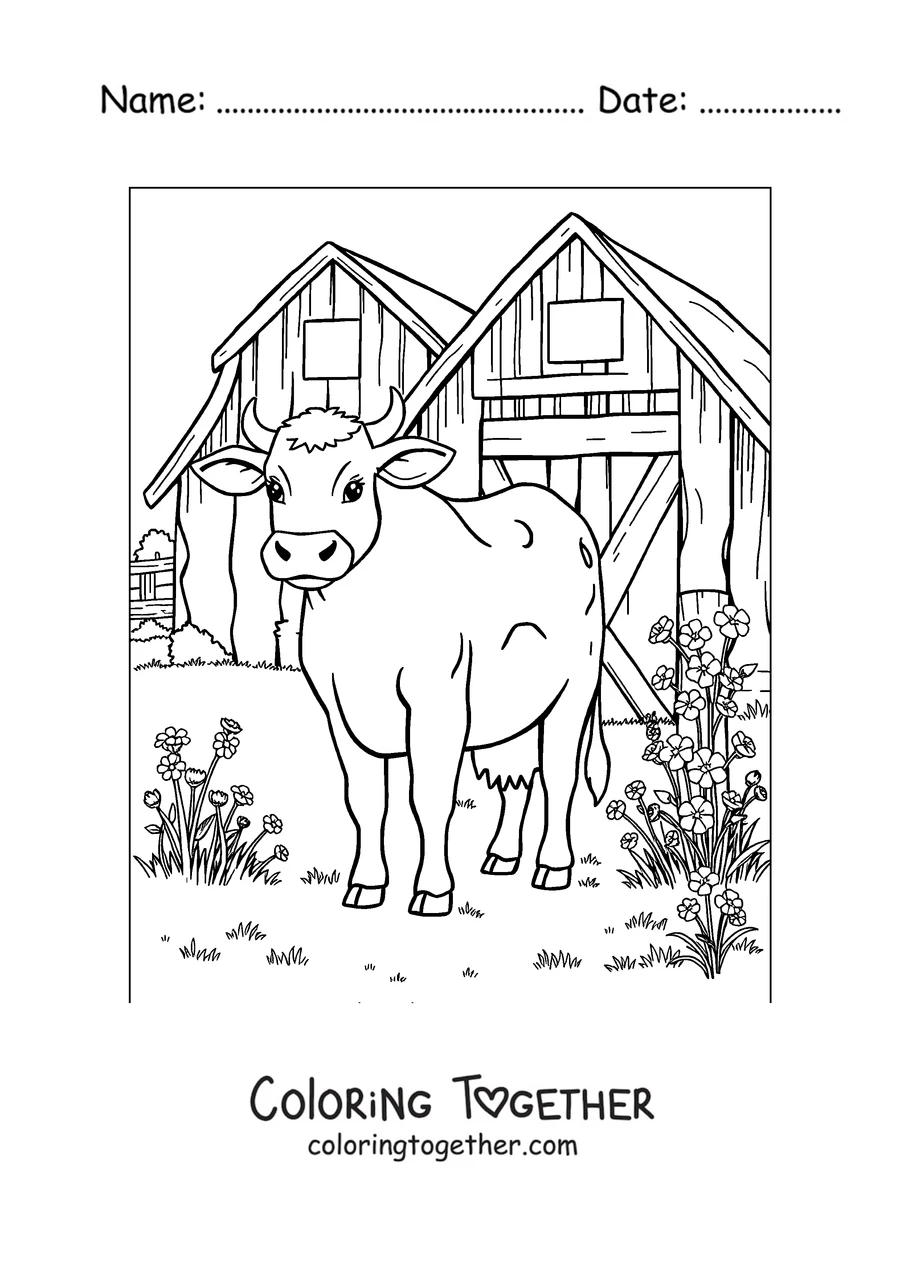 Coloring page of cow in front of the barn