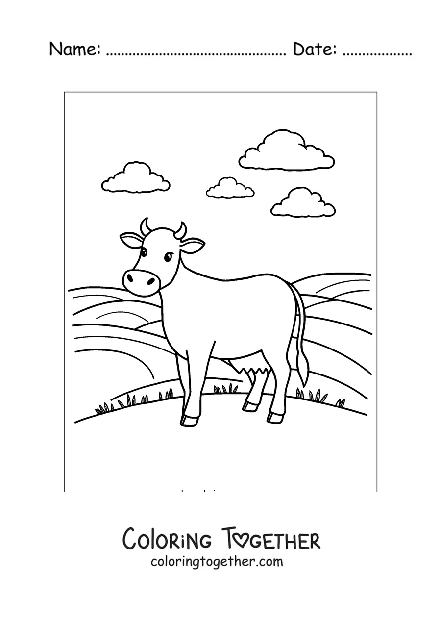 Coloring page of cow strolling in the countryside